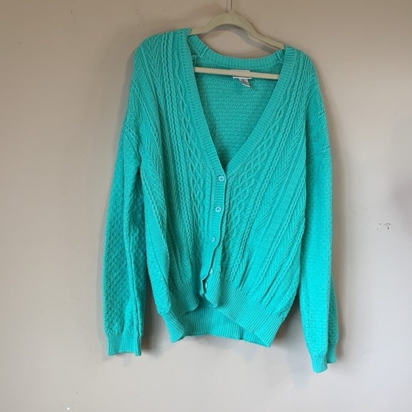 VTG Mint Green Cable Diamond Argyle Cotton Knit V Neck Grandpa Cardigan Women XL - Picture 5 of 12